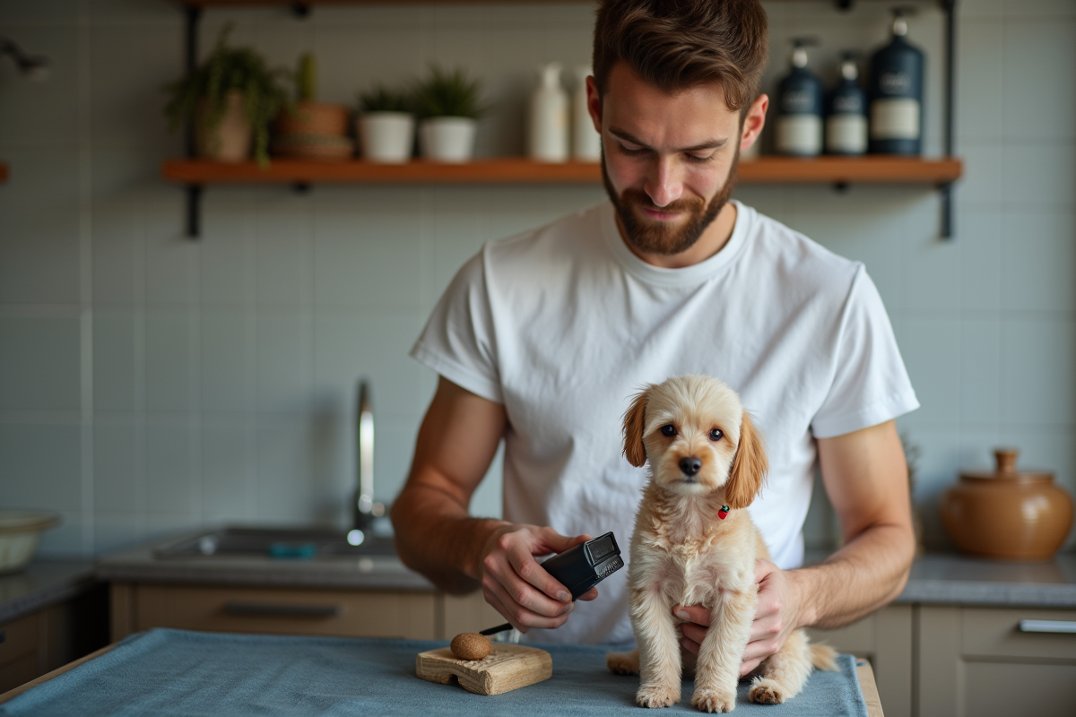 Jeune homme utilisant une tondeuse sur un caniche