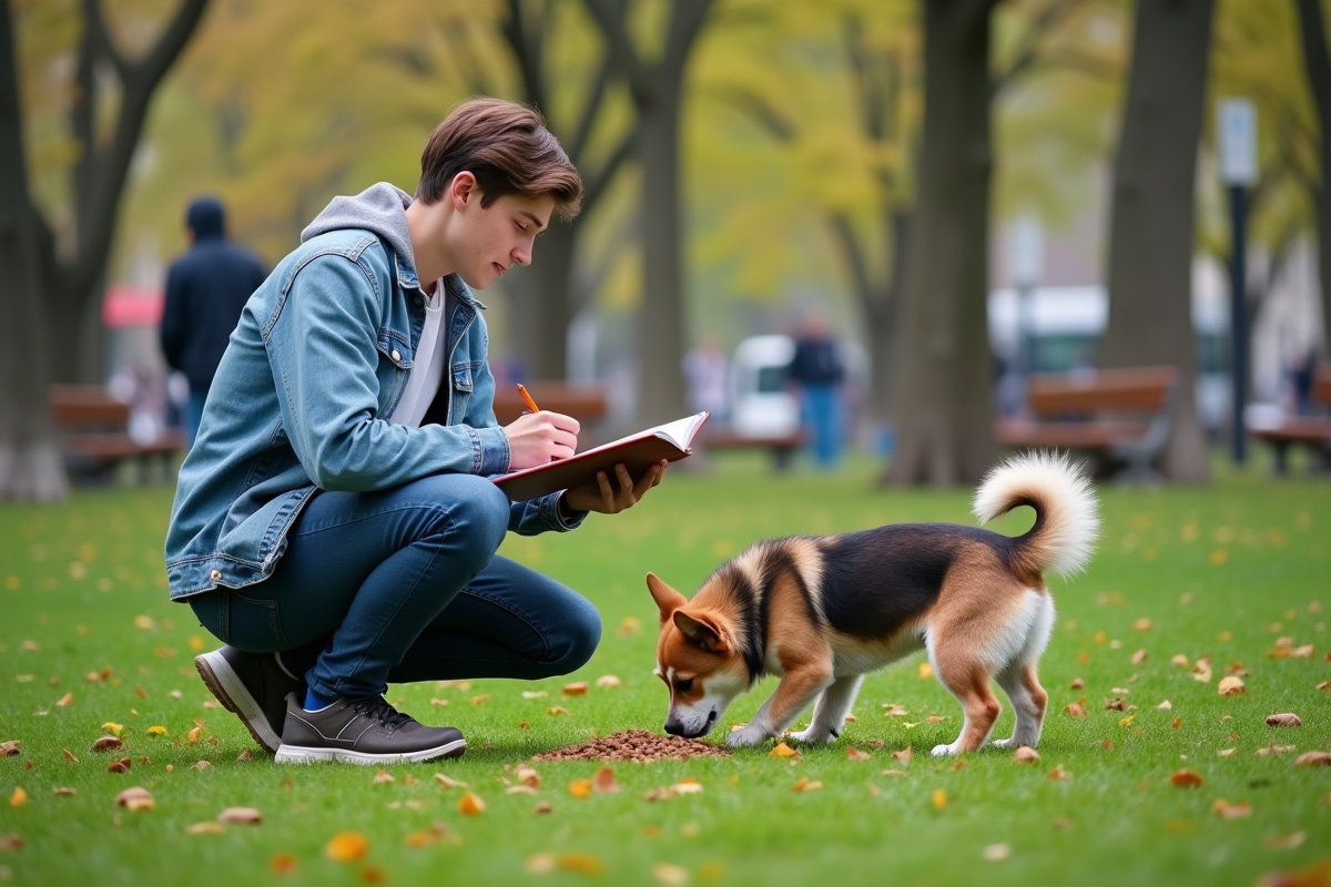 Jeune homme dans un parc avec son chien curieux