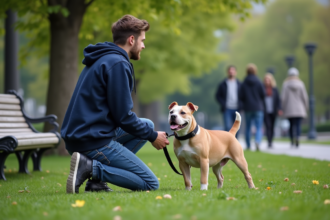 Jeune homme dans un parc urbain avec son chien Bully