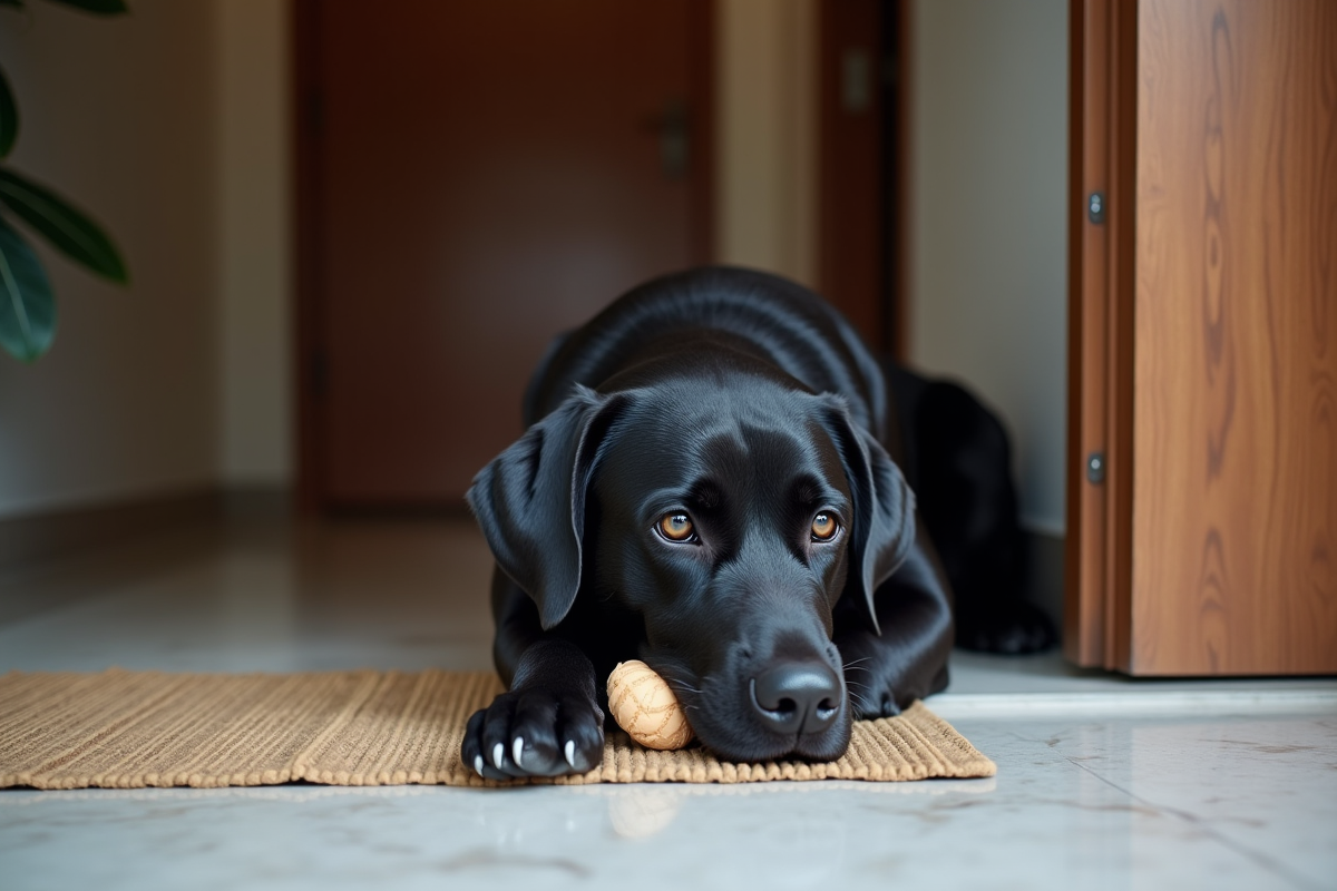 Labrador noir reposant près de la porte d