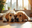 Labrador et Golden Retriever allongés dans le salon lumineux