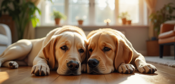 Labrador et Golden Retriever allongés dans le salon lumineux