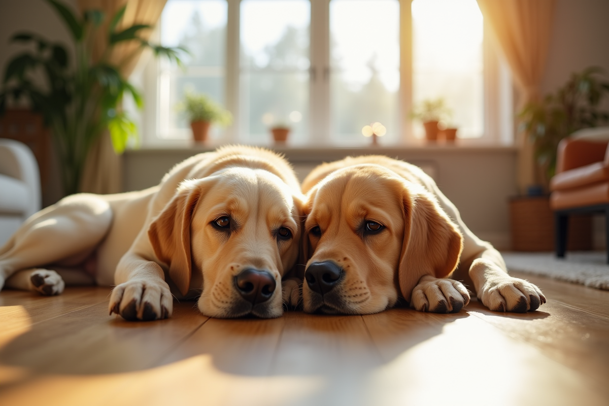 Labrador et Golden Retriever allongés dans le salon lumineux
