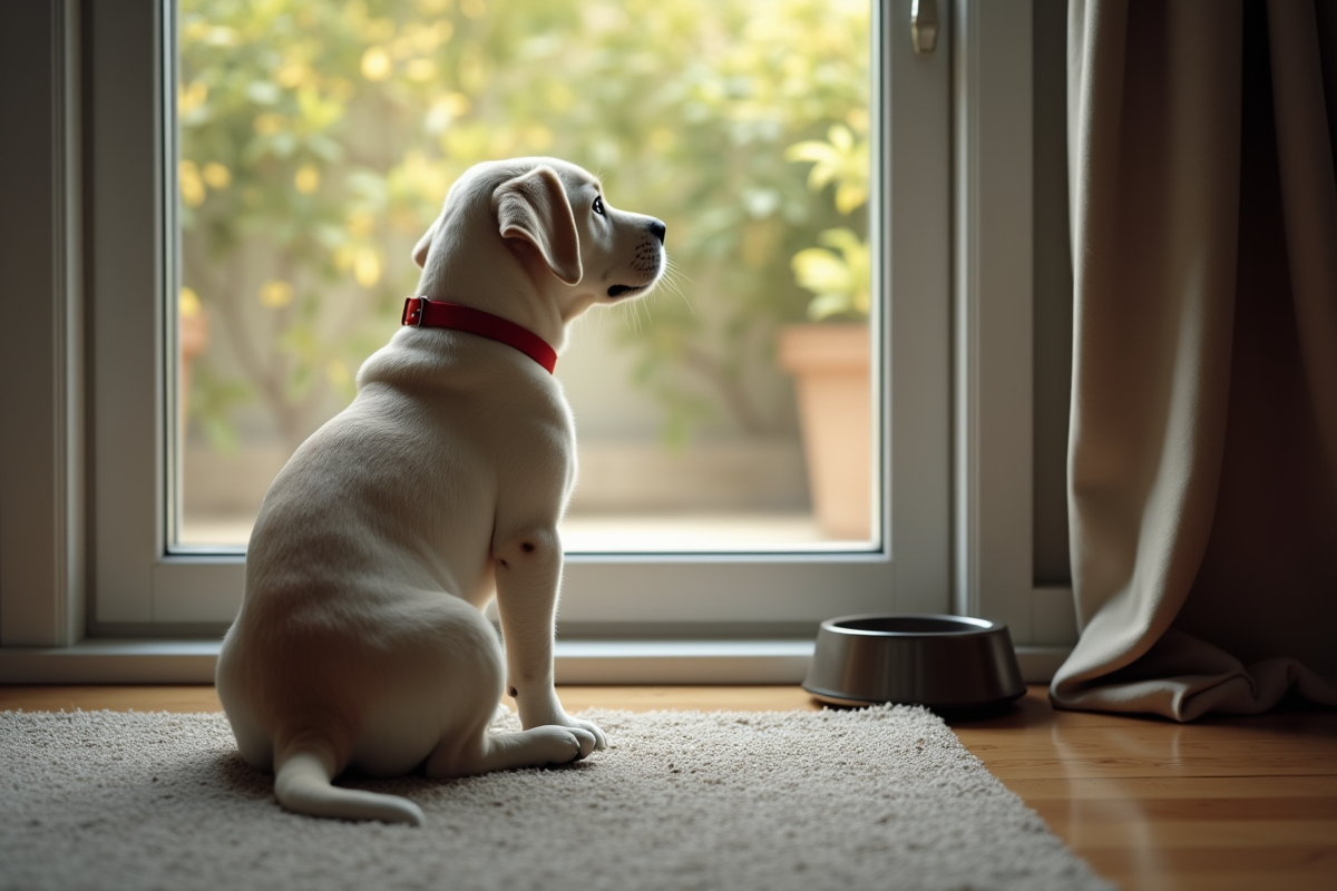 Jeune labrador regardant par la fenêtre avec espoir