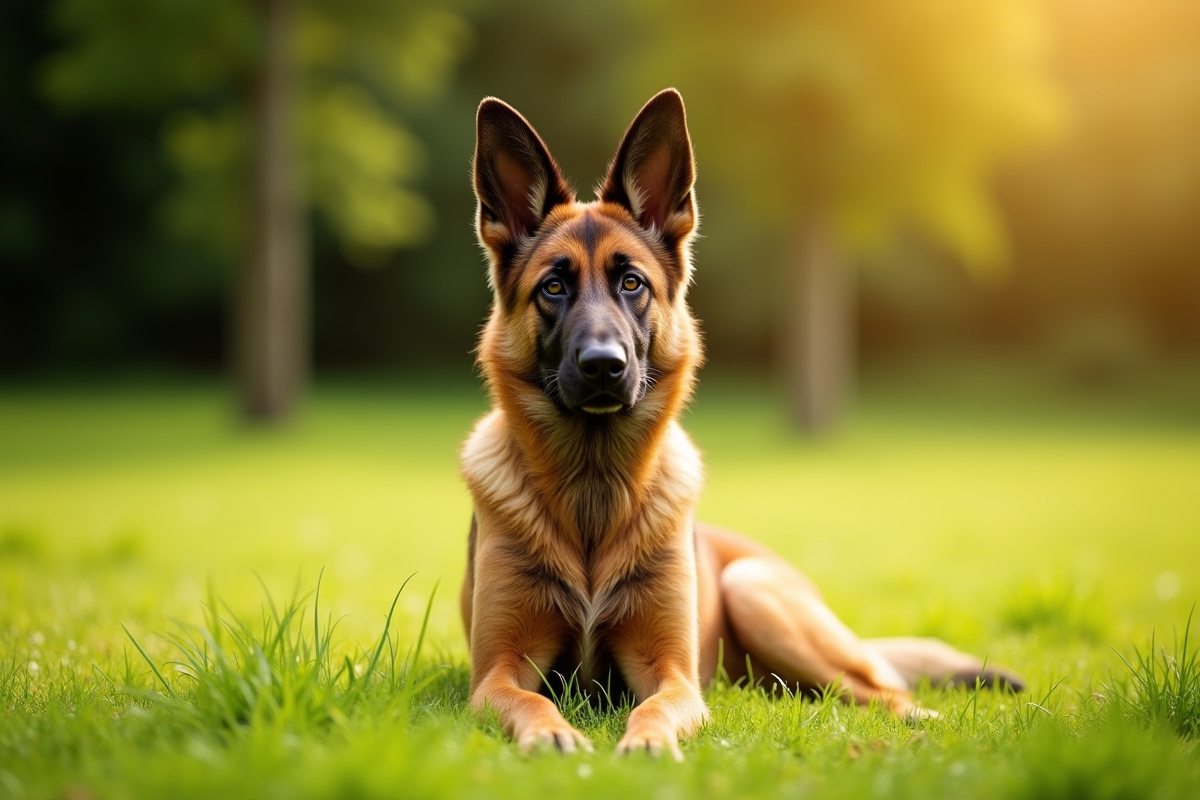 Chien Laekenois assis dans un parc ensoleille avec fond vert