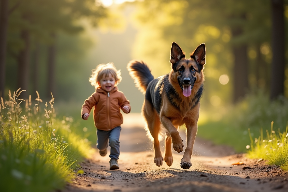 Chien Laekenois courant avec un enfant dans la foret ensoleillee