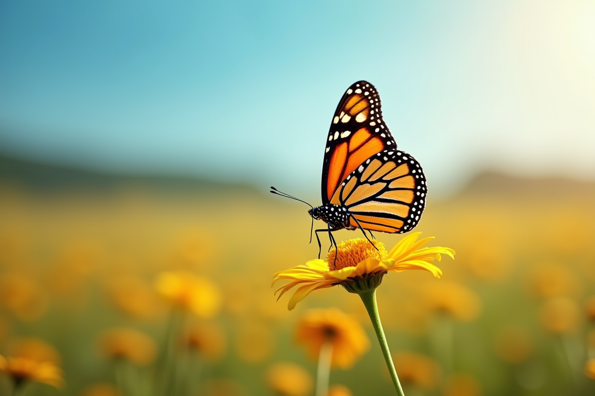 Monarque posé sur une fleur jaune dans un champ en plein air