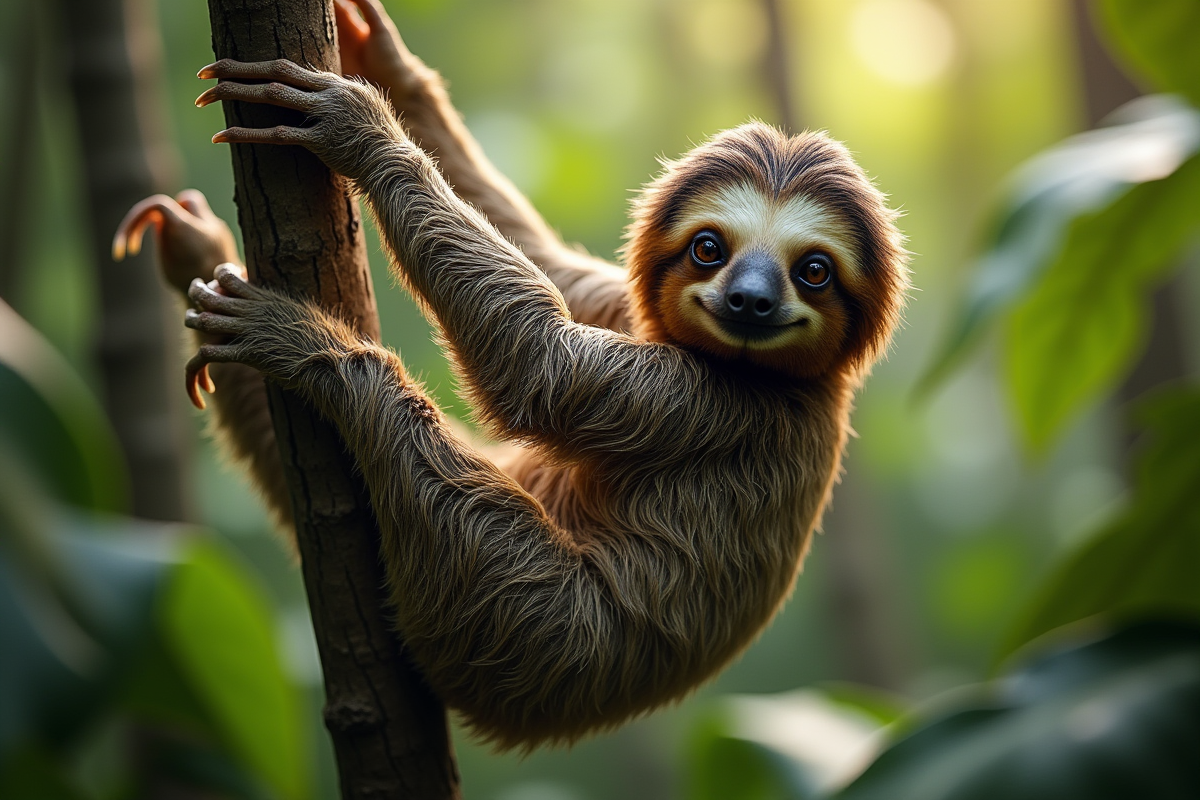 Unau suspendu à une branche dans la forêt lumineuse