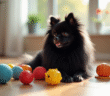 Pomeranian noir assis sur un sol en bois clair entouré de jouets