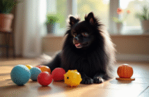 Pomeranian noir assis sur un sol en bois clair entouré de jouets