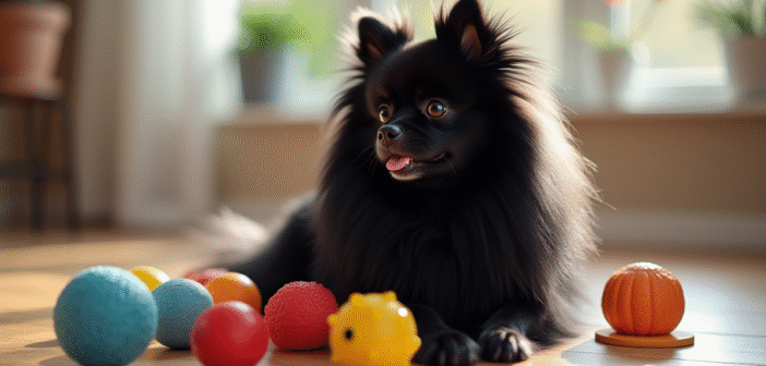 Pomeranian noir assis sur un sol en bois clair entouré de jouets