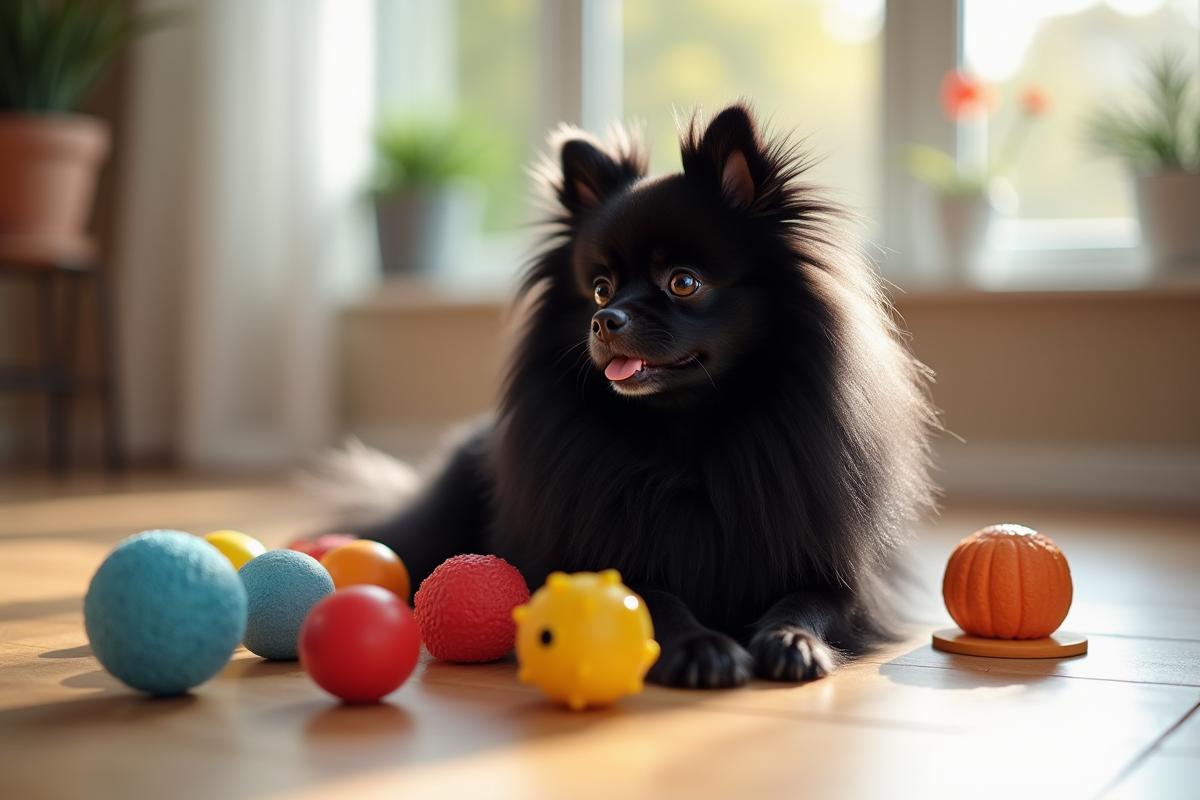 Pomeranian noir assis sur un sol en bois clair entouré de jouets
