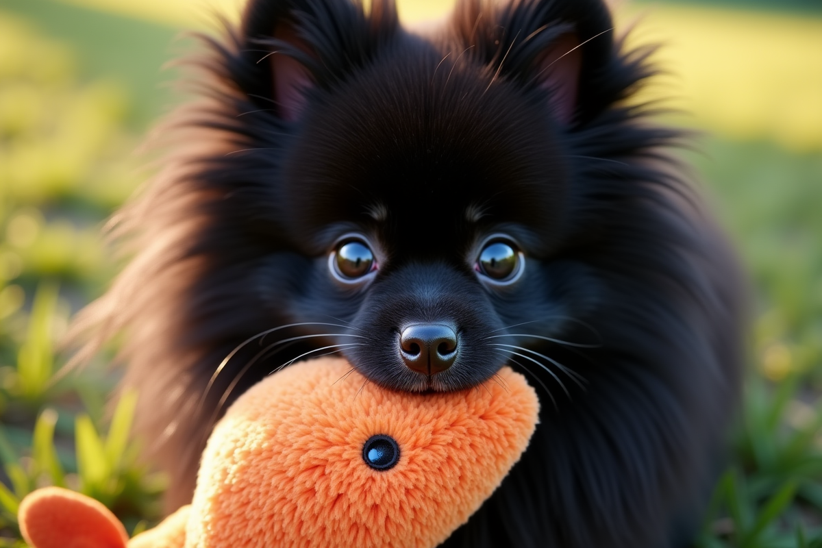 Face curieuse d un pomeranian noir reniflant un jouet en peluche en extérieur