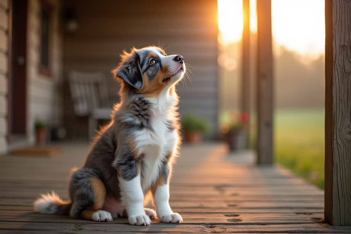 Jeune chiot berger australien merle assis sur un porche en bois