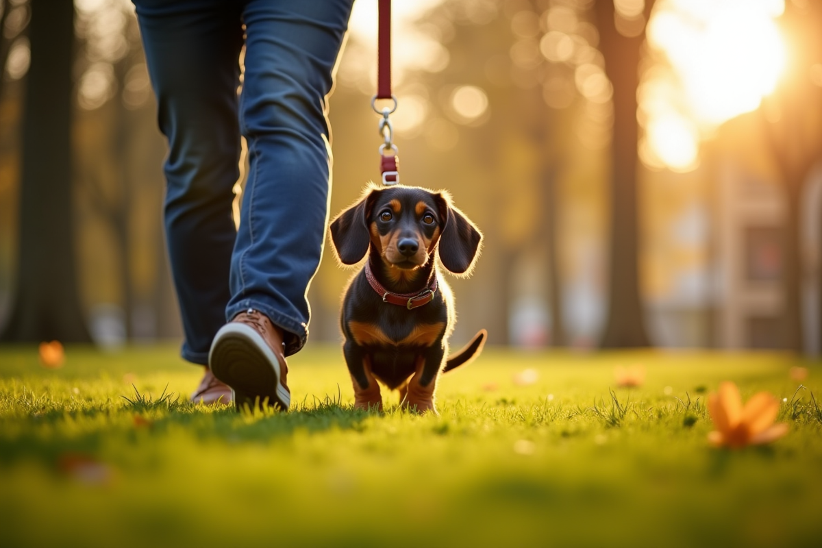 Petit chien dachshund en promenade dans un parc