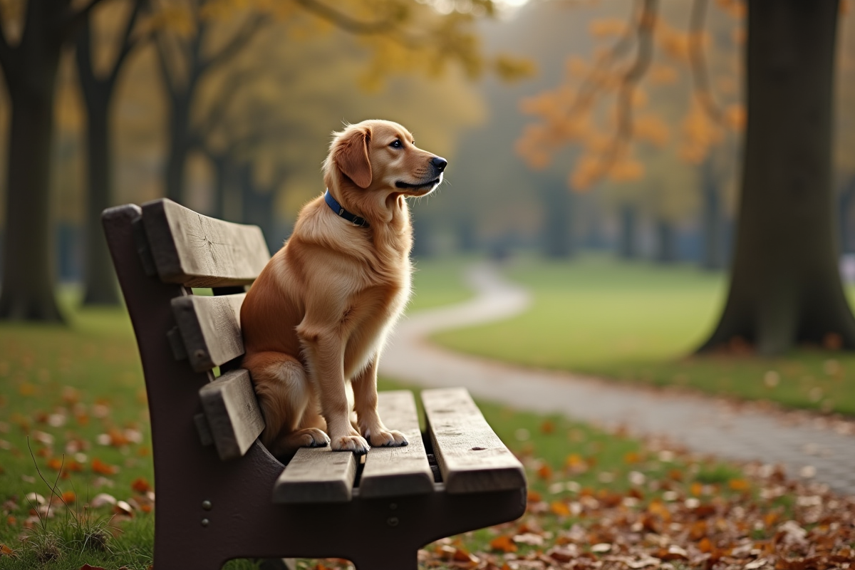 Retriver seul sur un banc en parc automnal