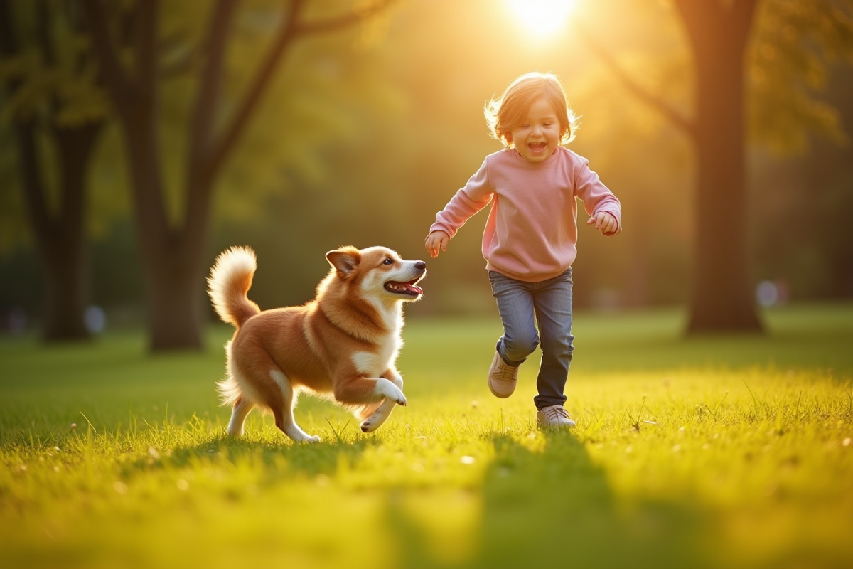 Chien courant vers son maître dans un parc ensoleille
