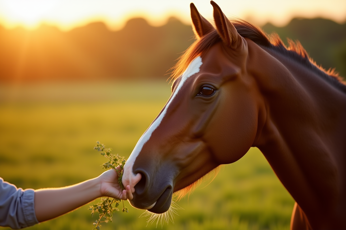 Tete de cheval en gros plan nourri a la main lors du coucher de soleil