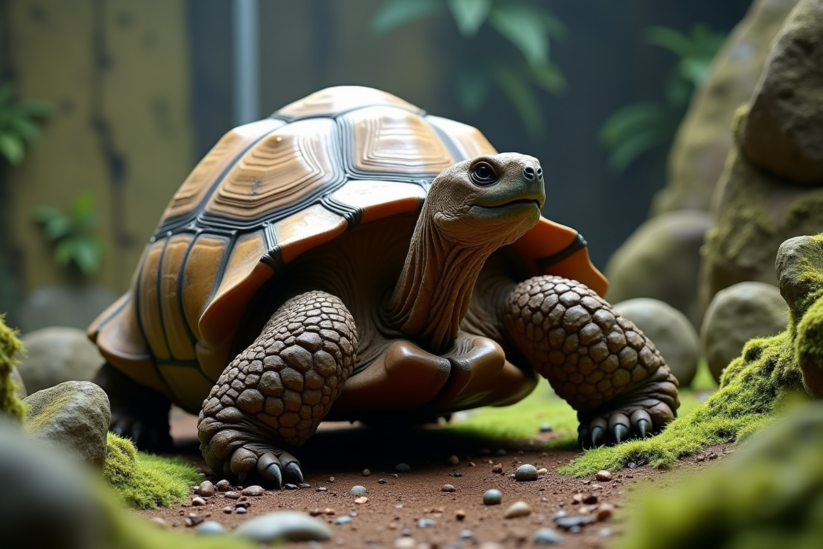 Tortue de Galapagos dans un enclos rocheux verdoyant