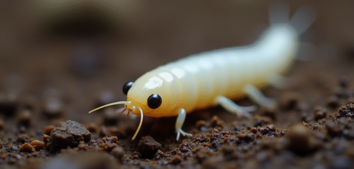 Gros plan d'une mouche blanche sur sol humide