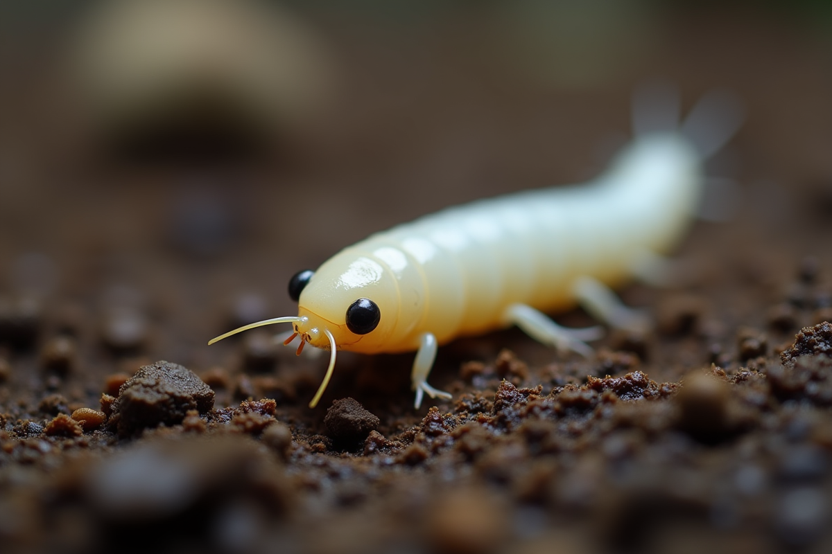 Gros plan d'une mouche blanche sur sol humide