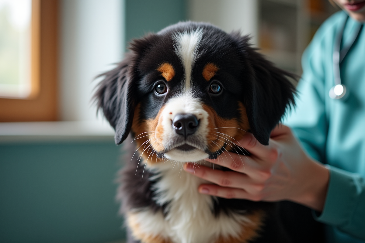 Vétérinaire examinant un chiot berger bernois en intérieur