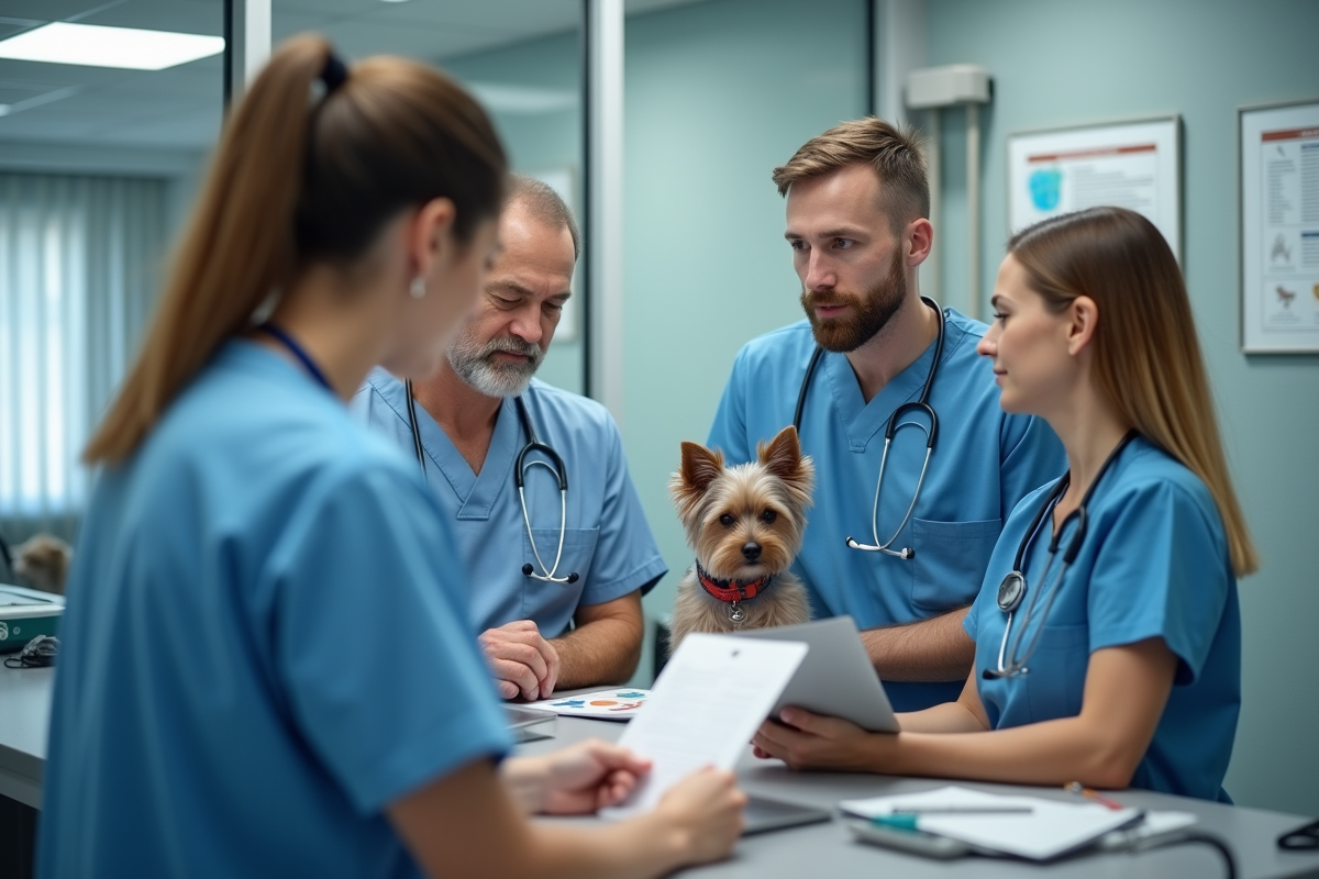 Vétérinaire examinant un chien avec un couple dans une clinique