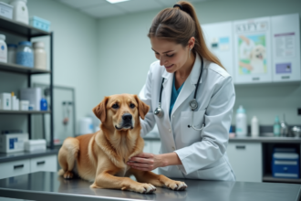 Vétérinaire examinant un chien dans une clinique moderne