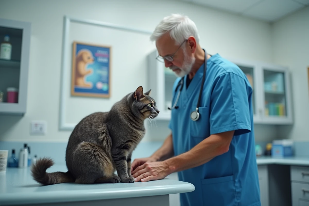 Vétérinaire examine un chat gris en clinique