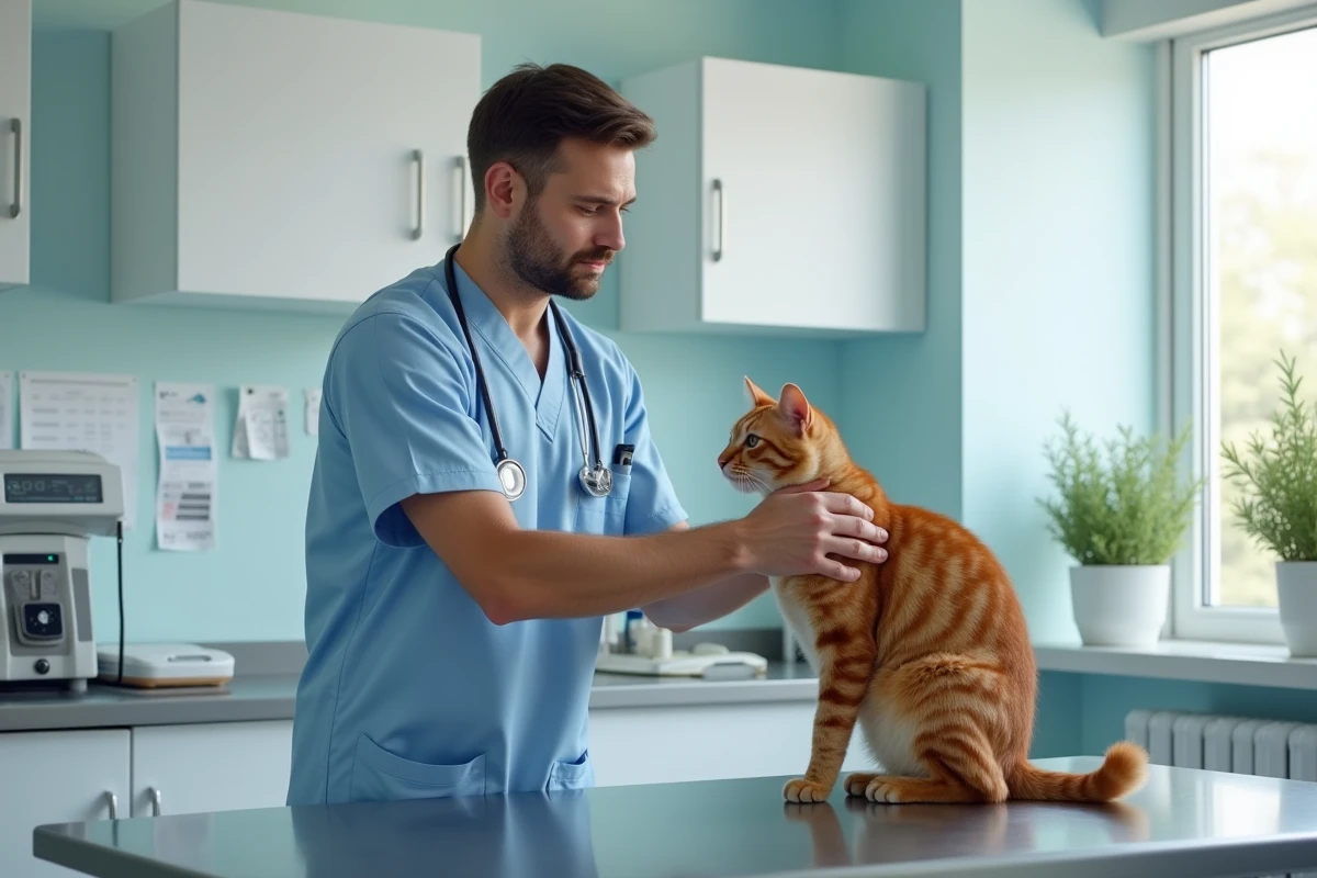 Vétérinaire examinant un chat roux en clinique moderne