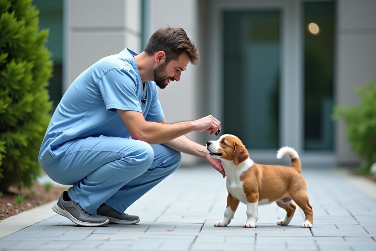 Vétérinaire vérifiant un microchip sur un chiot dans la cour